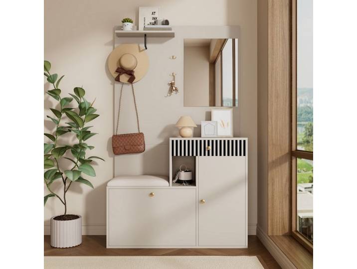 Vestiaire D'entrée avec Banc et Rangement à Chaussures Meuble d'entrée Moderne avec 4 Crochets Tiroir Porte-Manteau Multifonctionnel