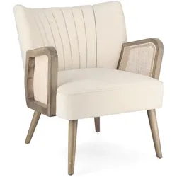 Sessel Virna aus Stoff, skandinavisch modern, Creme, gepolstert mit Rattan-Armlehne