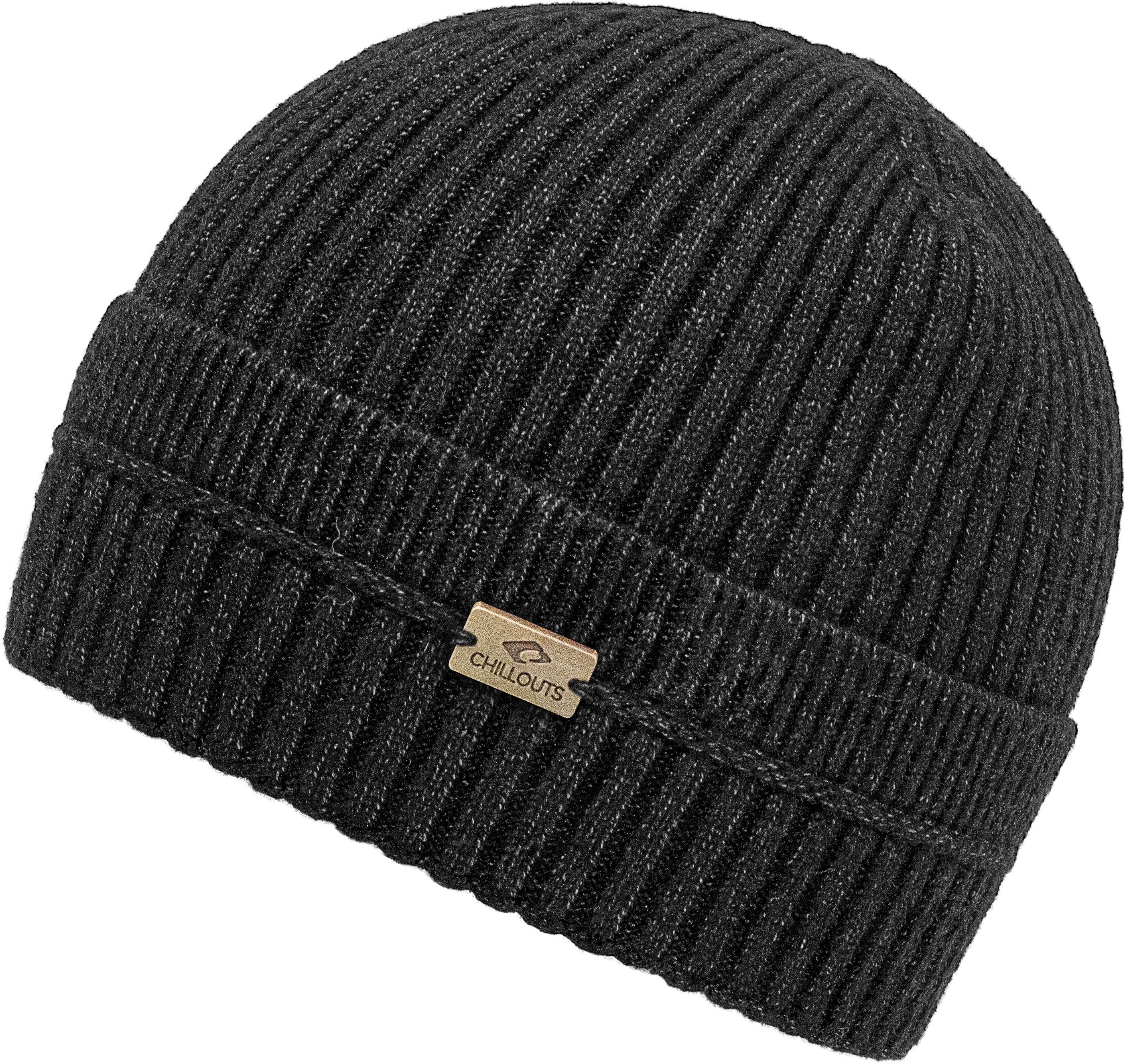 Beanie CHILLOUTS "Flynn Hat", Damen, schwarz (dunkelgrau melange), Strick, Obermaterial: 60% Polyamid, 26% Viskose, 14% Polyester, Mützen Beanie, klassische Umschlagmütze mit schönem Strickmuster