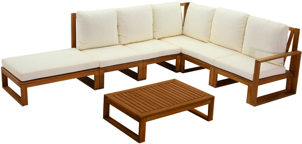 Miliboo Eck-Gartenmöbel aus Massivholz mit abziehbaren Kissen in Beige 6/8-Sitzer SALSA