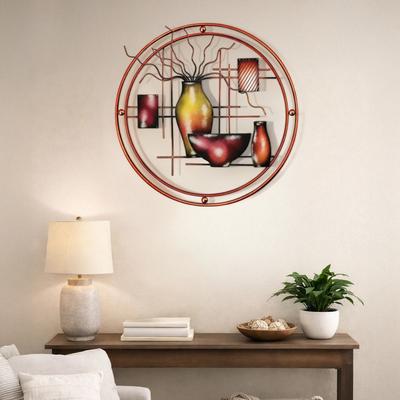 Benzara Multicolor Metal 22 Inch Round Wall Decor with Vase