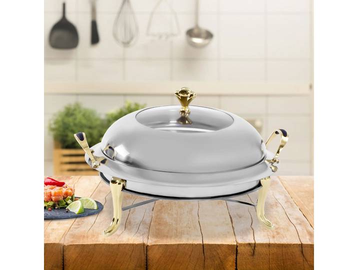 Plat à réchaud rond en acier inoxydable de 28 cm, durable, avec couvercle et support pour combustible, idéal pour les hôtels, les buffets et les restaurants
