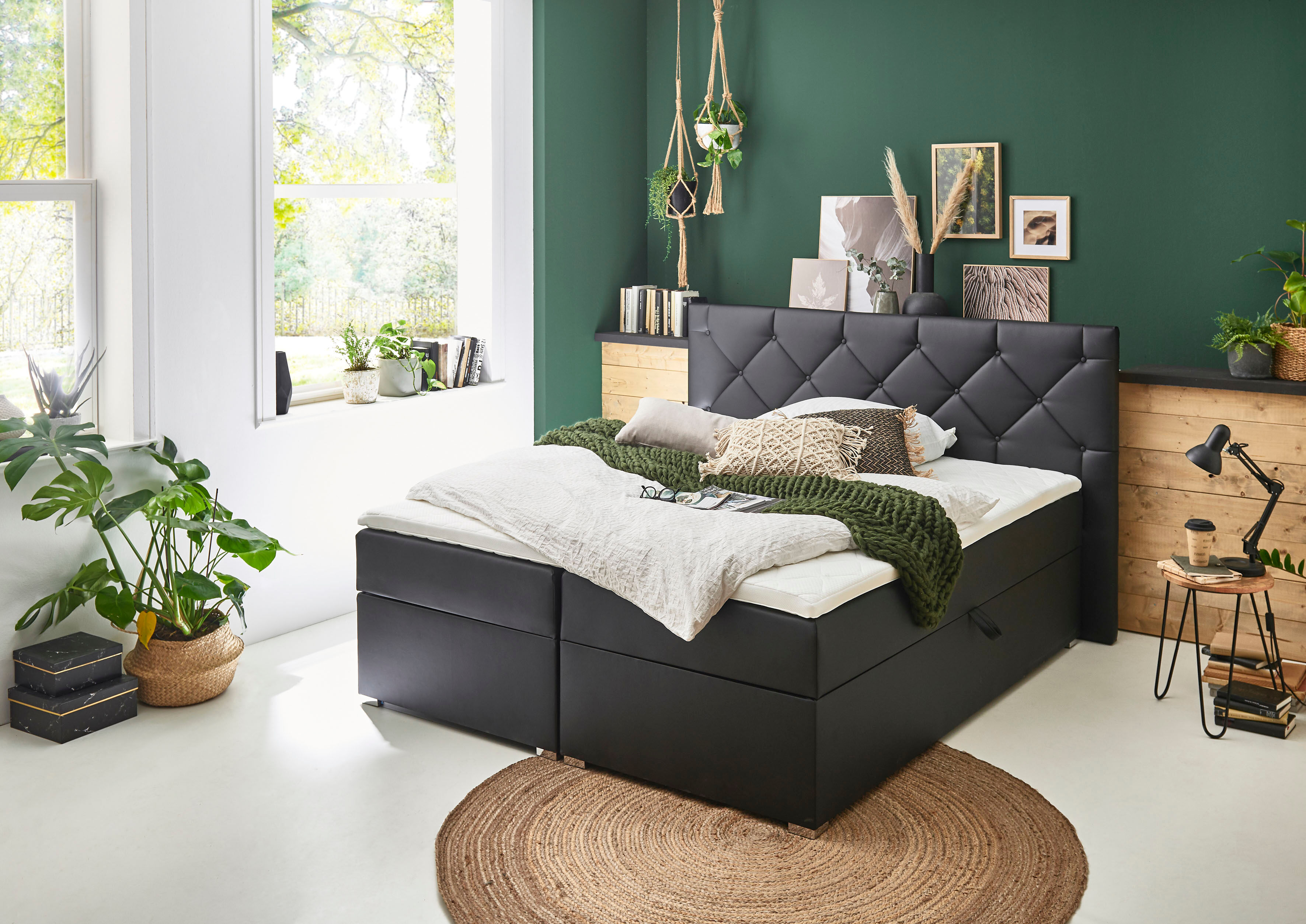 Boxbett "Meike", schwarz, B:160cm L:207cm, Bezug Bett: Kunstleder;Taschen-Federkernmatratze: Kunstleder; Jersey (100% PES);Topper: Jersey 100% PES, ATLANTIC HOME COLLECTION, Komplettbetten, Boxbett, mit XXL-Bettkasten und Topper schwarz Kunstleder, Liegef
