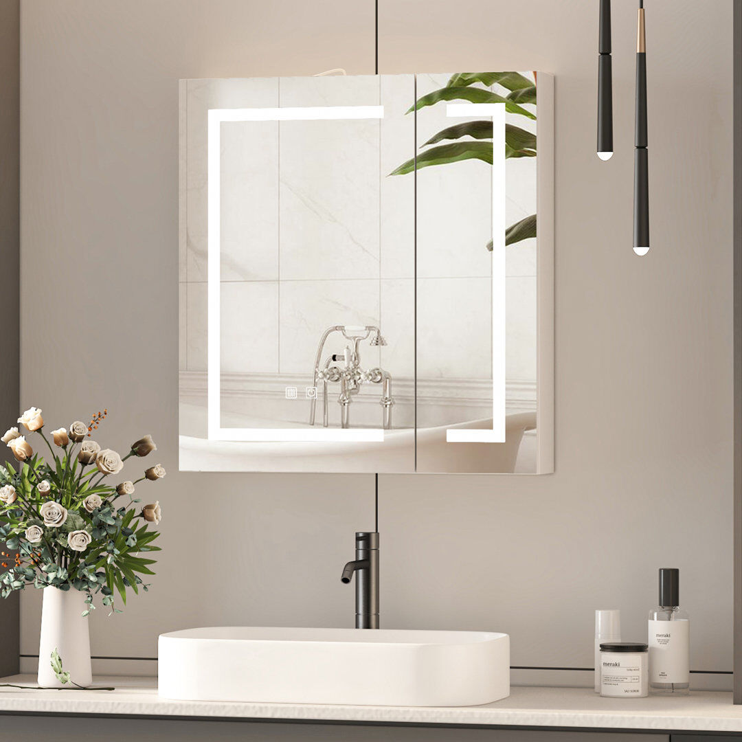 Latitude Run Ayyat 70 Wx 70 H cm Built-in LED Mirror Cabinet, Bathroom Storage with Shelves Natural 65mm H