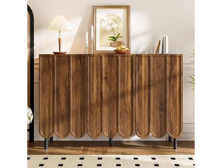 Merax Sideboard 120x35x80 cm, Kommode mit Wellentüren, grifflos, verstellbare Regale, für Wohnzimmer Esszimmer oder Flur, dunkle Holzfarbe