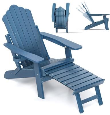 Costway All-Weather HIPS Patio Adirondack Lounge Chair with Retractable Footrest-Navy