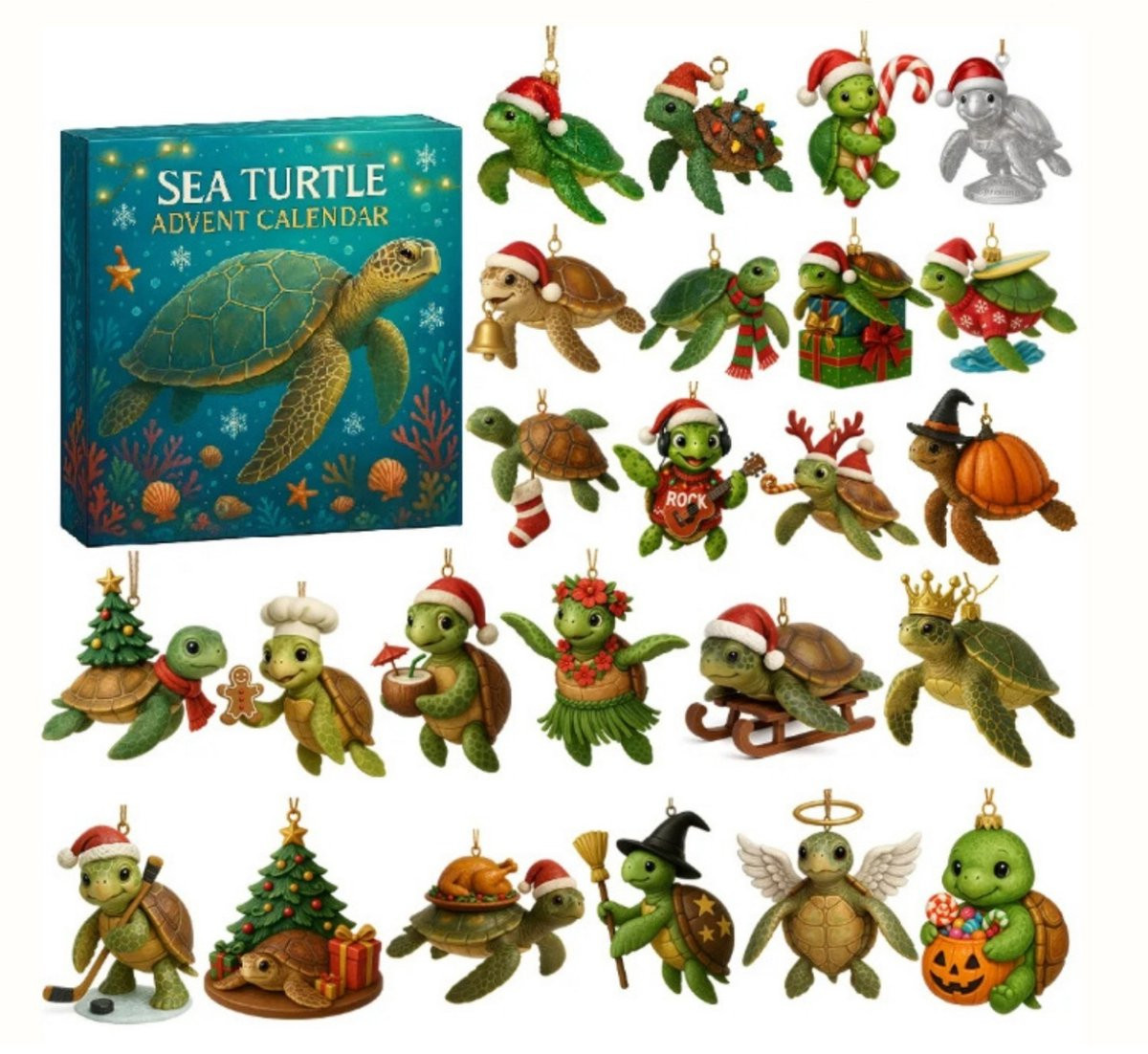 Schildpadden Kerst Adventskalender met 24 Schildpadden Ornamenten voor de Kerst Countdown