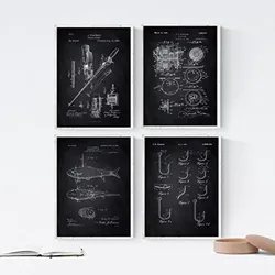 POSTER Set mit 4 Schwarz PATENT FISCHEN A4 Rahmenlos