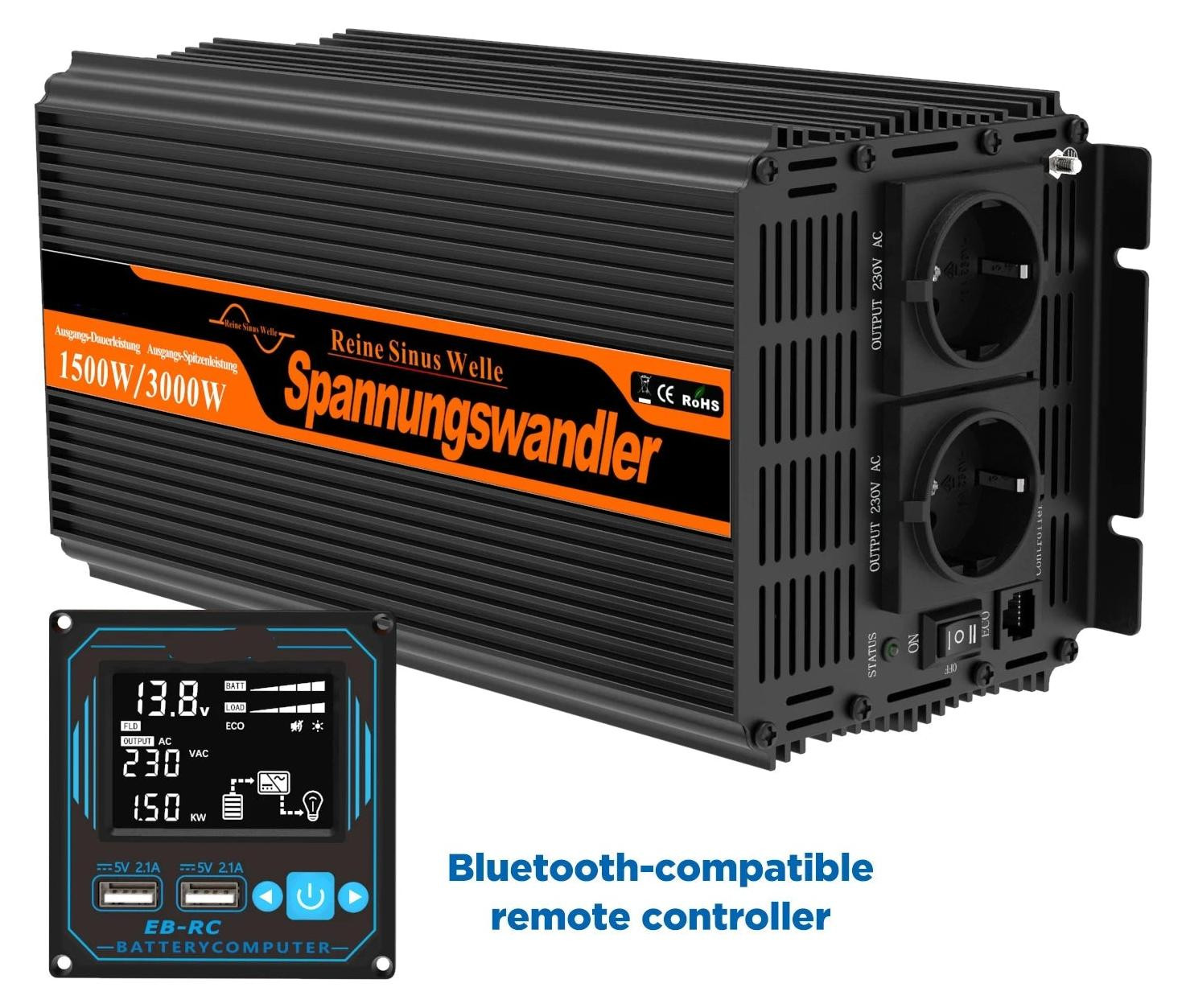 Selius Zuivere Sinus Omvormer 12V naar 230V 1500W met Bluetooth App en Afstandsbediening