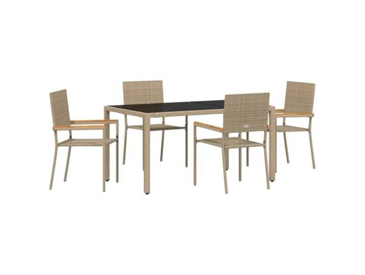 KTHLBRH Gartenmöbel-Set aus Polyrattan, 5-teilig, Beige Tischplatte aus gehärtetem Glas, Armlehnen aus Akazienholz, Gestell aus Stahl, Beine mit Pfosten, Verwendung auf Terrassen
