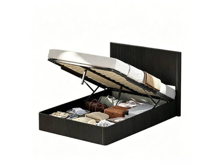URTR Lit coffre 140x200 cm noir à rainures levage hydraulique grand rangement lattes robustes en bois massif