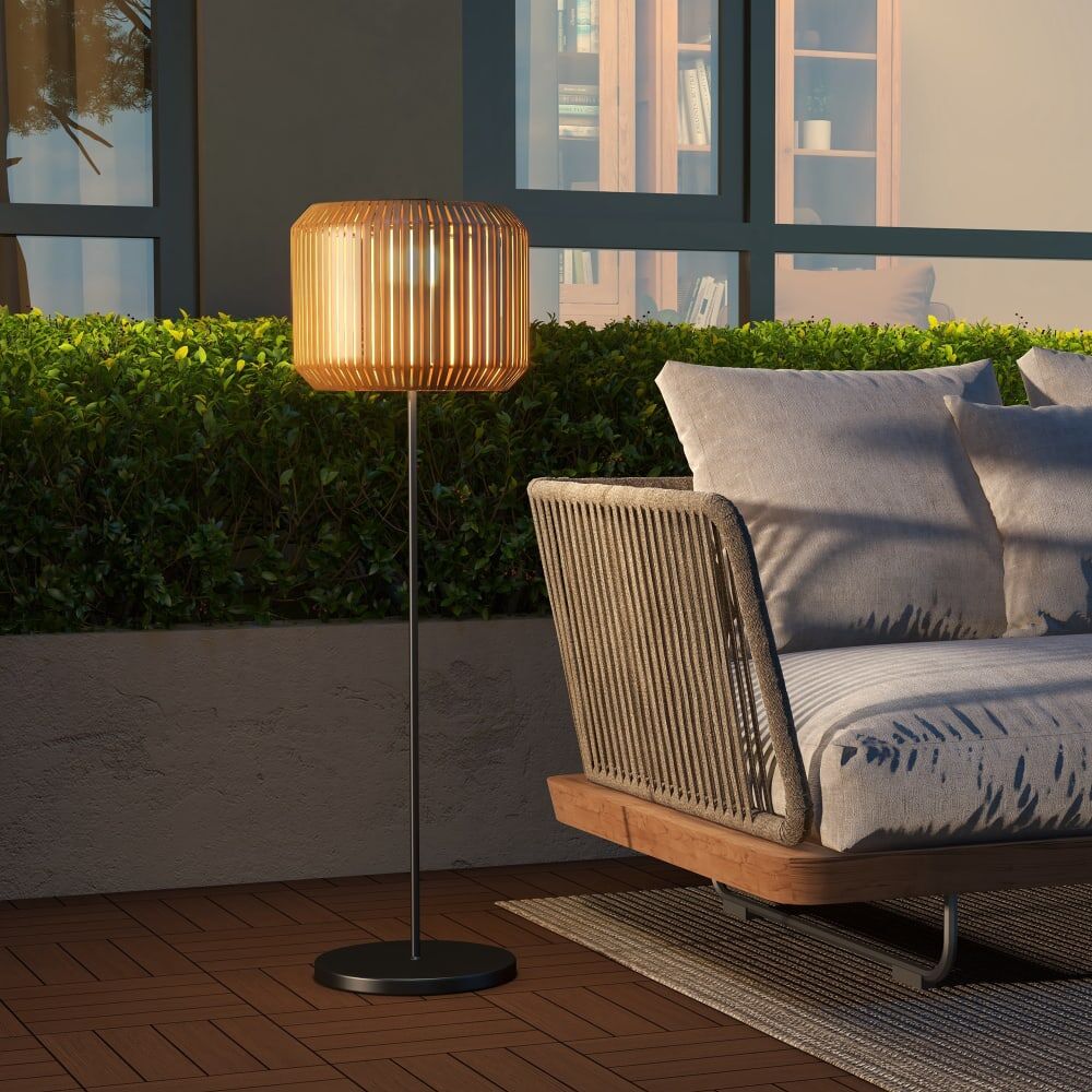 Outsunny Lampadaire solaire extérieur capteur lumière en résine tressée jaune Jaune 34x130x34cm