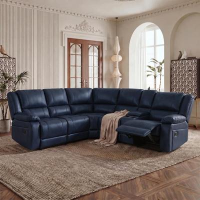 UR livingroom 6PCS, 2 Manual Recliners, Faux Leather Reclining Sectional with Center Console