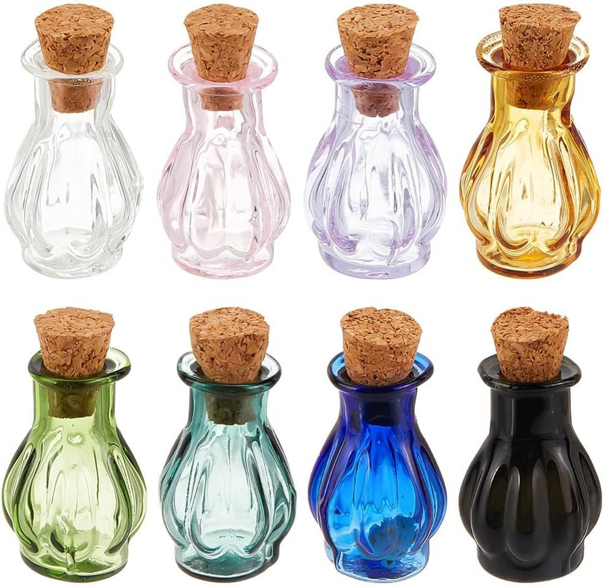 Set van 8 gekleurde mini glazen flesjes met kurkdoppen voor decoratie en knutselen