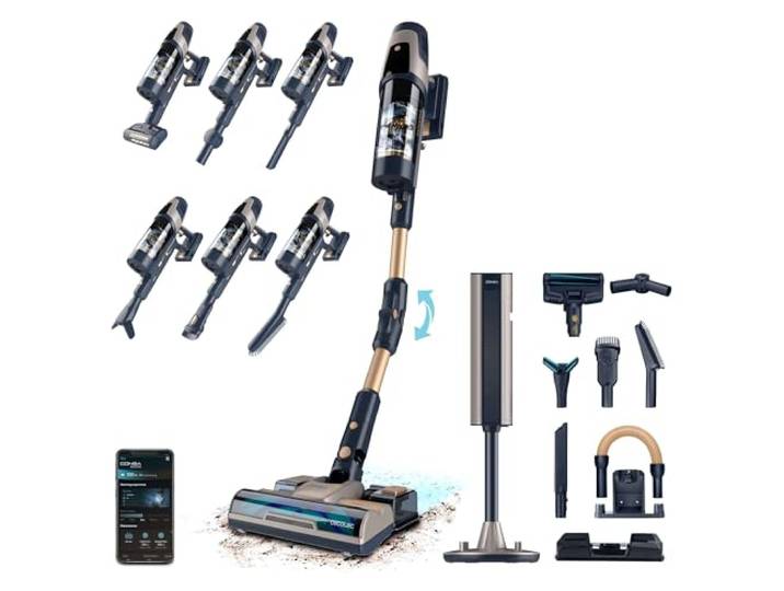 Cecotec Aspirateur Balai sans Fil RZ90 AI AquaPet Flex Connected\, 310AW Puissance Moteur 850 W\, Autonomie 110 Minutes\, Batterie Pulsar\, Tube Flexible\, Brosse pour Animaux\, Intelligence Artificielle