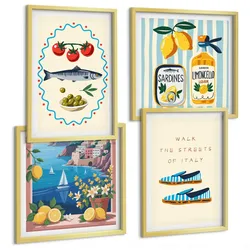 BILDER SET 4er Set - 50x50 cm & 40x60 cm Goldrahmen - Italienische Aromen, farbenfrohe Bilder