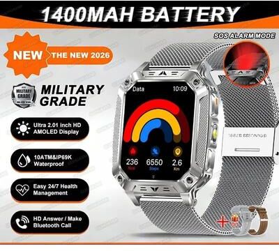 Uplift Essentials "TANK Ultra Military Smart Watch 1400mAh Battery & 2.01"" AMOLED 10ATM Waterproof GPS Tactical SmartWatch silver Mesh Belt 2a"