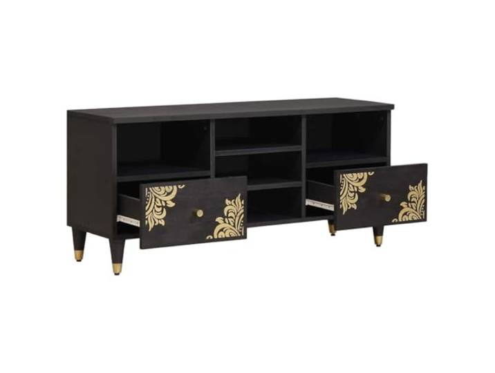 TV-Schrank Schwarz 100 x 33 x 46 cm Massivholz Mango Mangoholz, Holzwerkstoff, Messingknöpfe, Messingbeine, goldener Siebdruck, Stauraum, Wohnzimmer