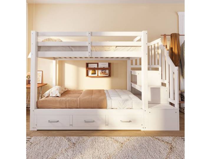 Lit superposé multifonction AESVAR 90 x 200 cm avec lit escamotable 3 tiroirs échelle de rangement blanc