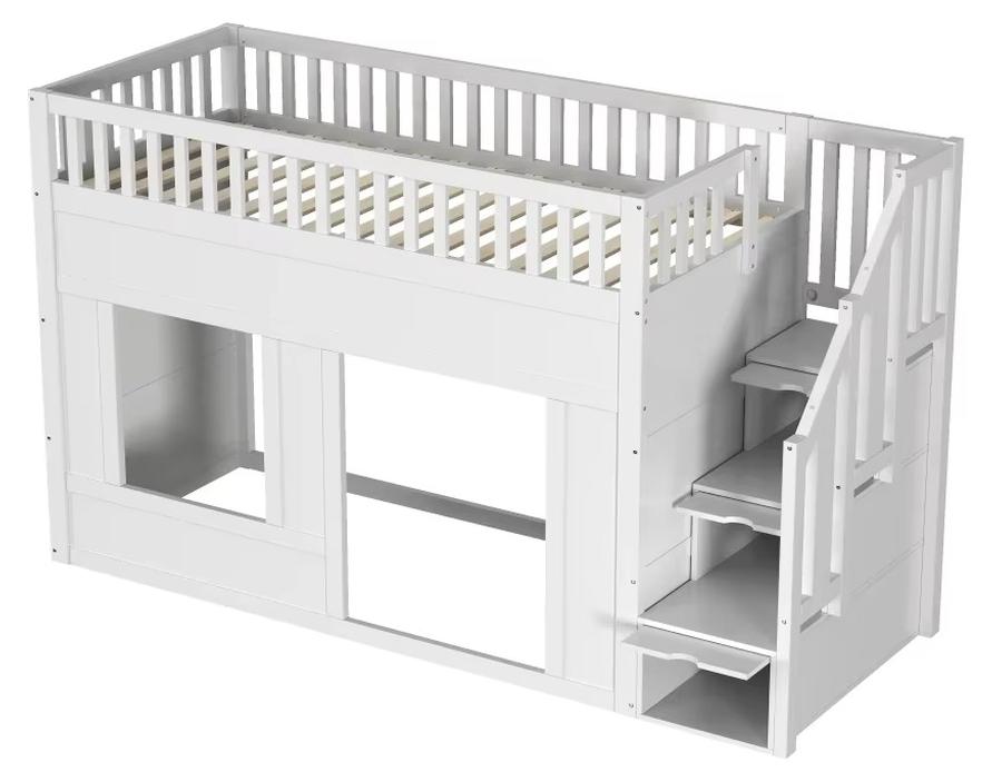 Kinder-Hochbett - 90 x 200 cm - Massivholz - Integrierte Treppe - Umwandelbarer Unterbettbereich - Platzsparend - Weiß