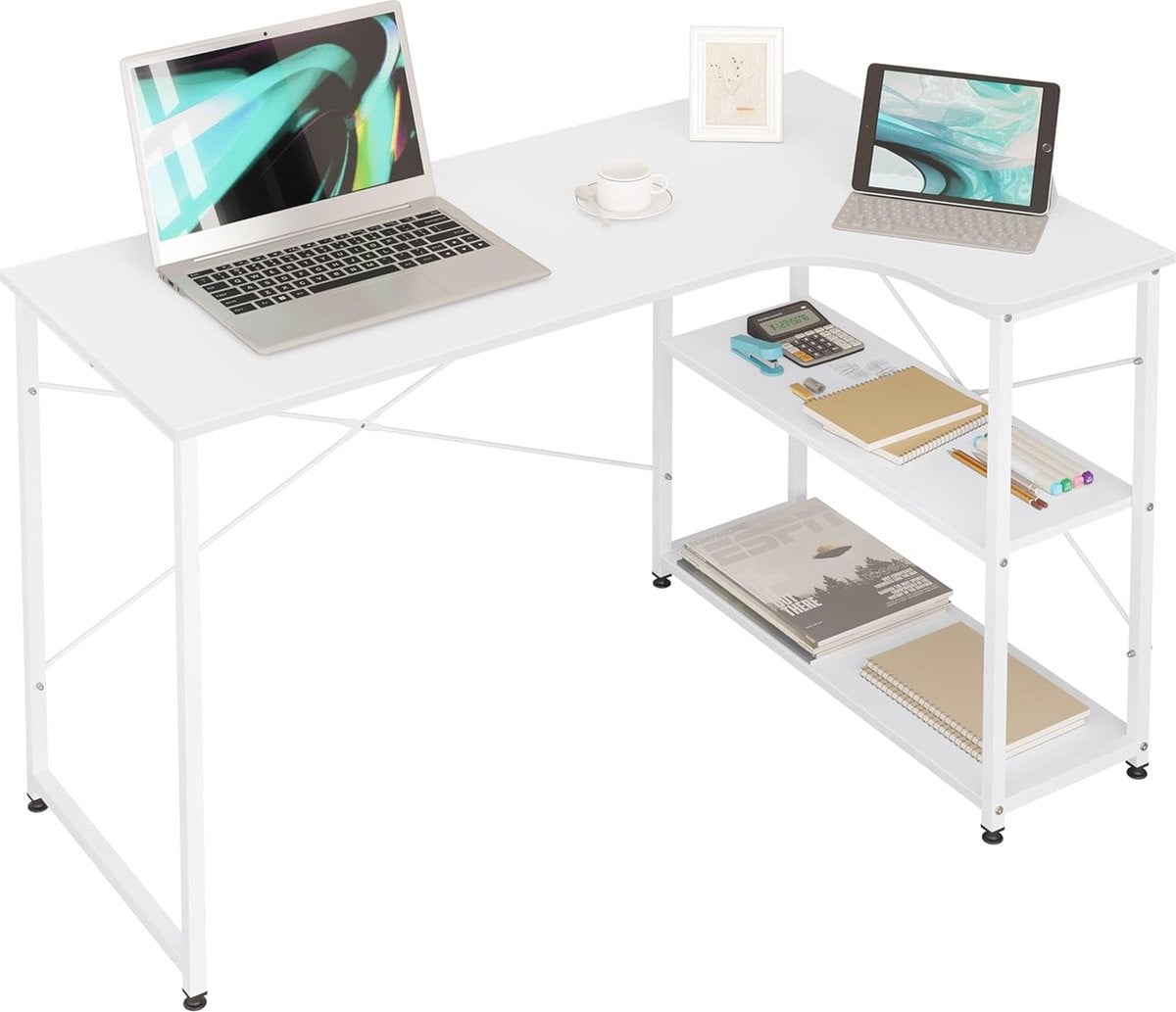 Modern wit L-vormig hoekbureau met metalen onderstel voor kantoor en thuis