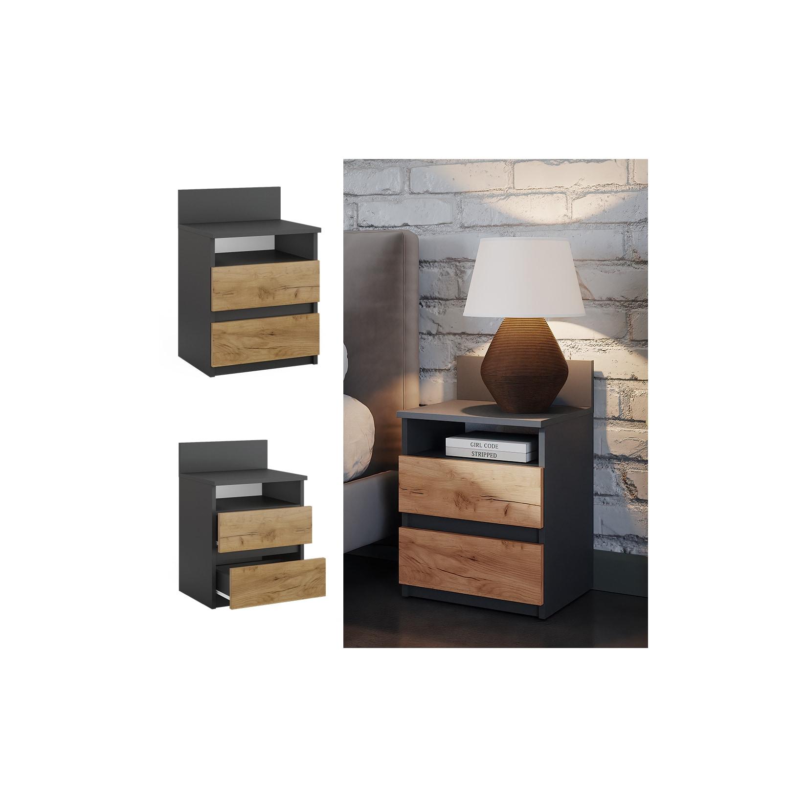 Vicco Nachttisch Monty, 39,6 x 59,1 cm, Anthrazit Eiche mit 2 Schubfächer, Schlafzimmer