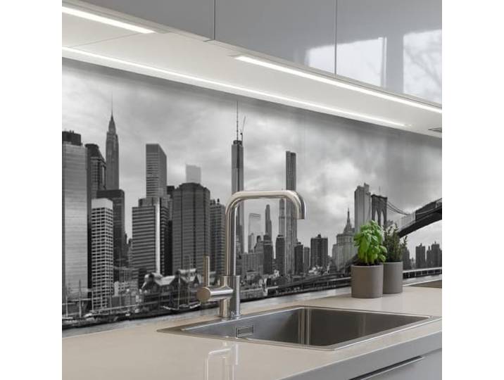 KitchenYeah© Küchenrückwand Selbstklebend Küchenspritzschutz Rückwand 60x350 cm - Wandschutz Ohne Bohren Spritzschutz Wand Wandverkleidung Skyline - Brücke - Gebäude - Farblos