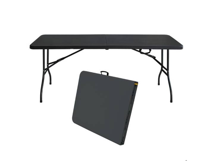 Table pliante portable 180 cm noire avec poignée charge 135 kg intérieur et extérieur