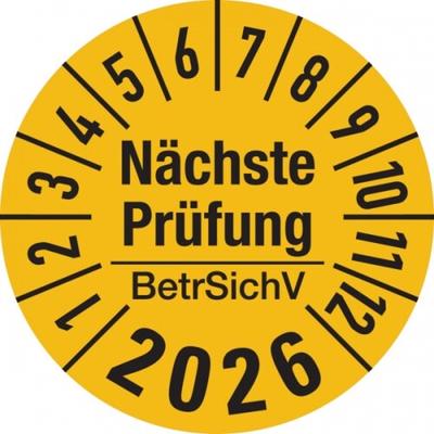 König Werbeanlagen Jahresprüfplakette ab 26, Nächste Prüfung BetrSichV, gelb/schwarz, Folie, Ø 30 mm - Bogen = 10 Plaketten - 30 mm Folie selbstklebend