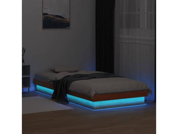 Massives Kiefernholz mit LED Beleuchtung Schlafzimmer Klassisch 75x190 cm Massivholzbett mit LED Wachsbraun 75x190 cm Kiefer Holz Bettgestell mit RGB Licht USB Schlafzimmer Möbel Lattenrost
