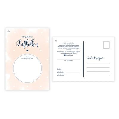 50 Ballonflugkarten für Hochzeit, gelocht und extra leicht zum Weitfliegen. Wetterfeste Ballonkarten mit Wünschen zur Hochzeit für einen extra langen