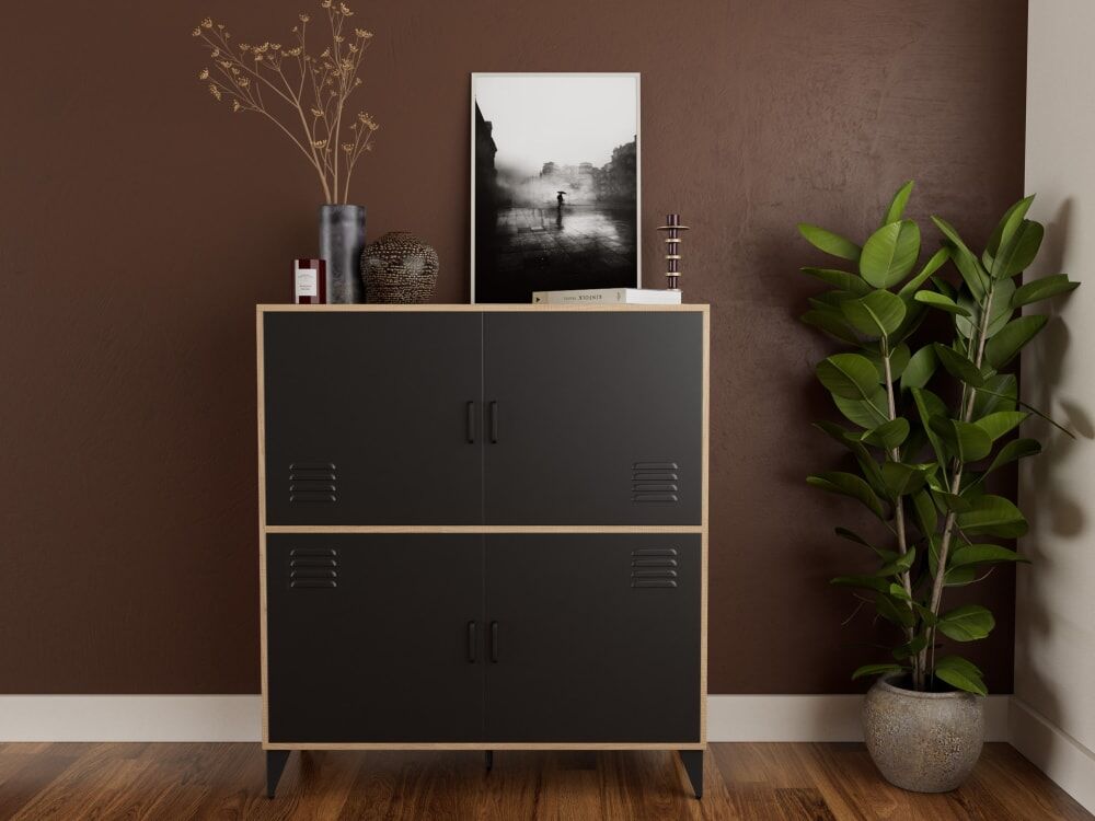 Best Mobilier Buffet haut industriel 4 portes l100cm effet bois et noir Marron 100x112x40cm