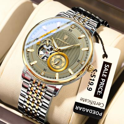 Trendy Discount Goods POEDAGAR Luxury Man Wristwatch, Hollow Tourbillon Stainless Steel Watch, Automatic Mechanical Luminous Men Reloj gold Grey