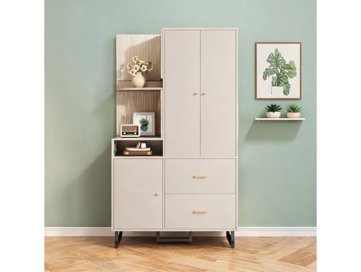 Meuble d'entrée avec penderie et rangements 110x186x38 cm panneaux beige et gris classique