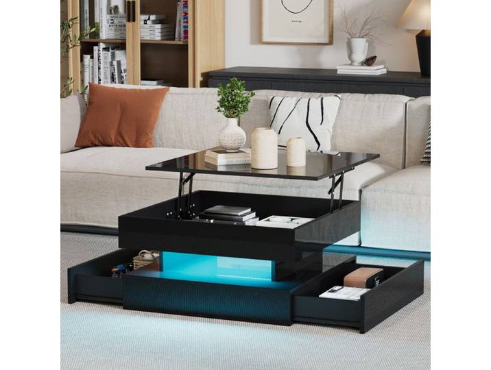 Table basse relevable Table d'appoint Table basse carré avec lumineuse LED et 2 tiroirs Plateau relevable Meuble de rangement