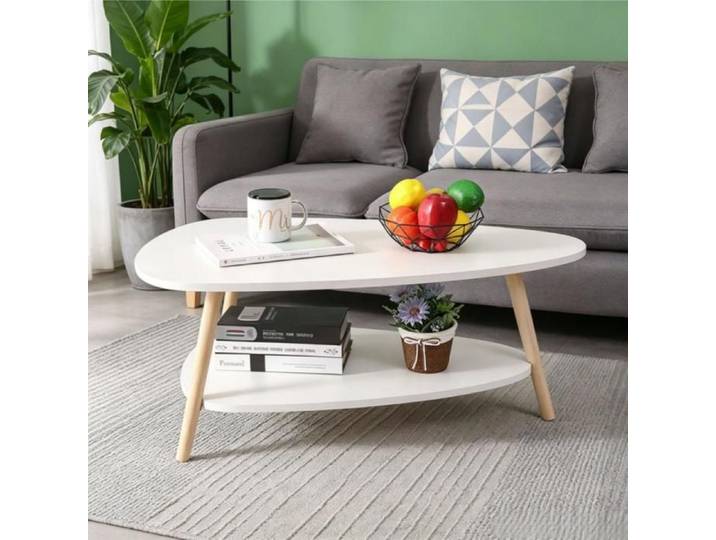 MIPAN.Table Basse Ovale Double Couche - 90x60x40cm - Table Basse Moderne Scandinave - Table Basse Ovale Bois - Blanc