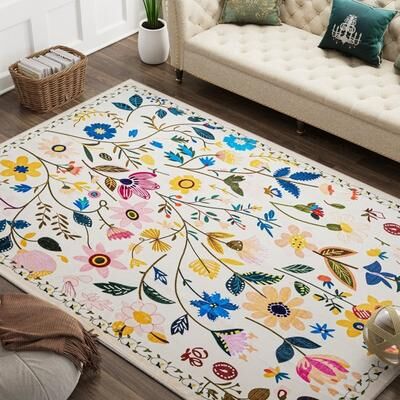 Maxax Nature Floral Non-Slip Machine Washable Colorful Modern Area Rug