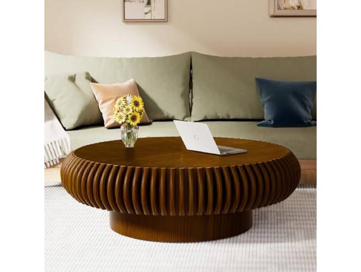 WUPDPQS Runder Couchtisch, Walnuss, 100cm Für Wohnzimmer, Holz Geriffelter, Trommelform, Mid-Century-Stil, Niedriger Kaffetisch, Für Kleine Räume