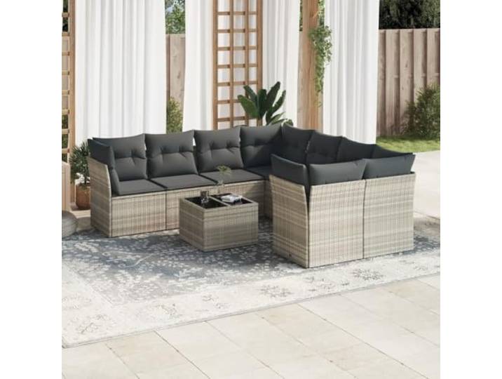 Résine tressée imperméable Salon de jardin ensemble 9 pièces Gris Salon de jardin 9 pcs résine tressée avec coussins gris clair, canapé modulaire pour terrasse patio extérieur