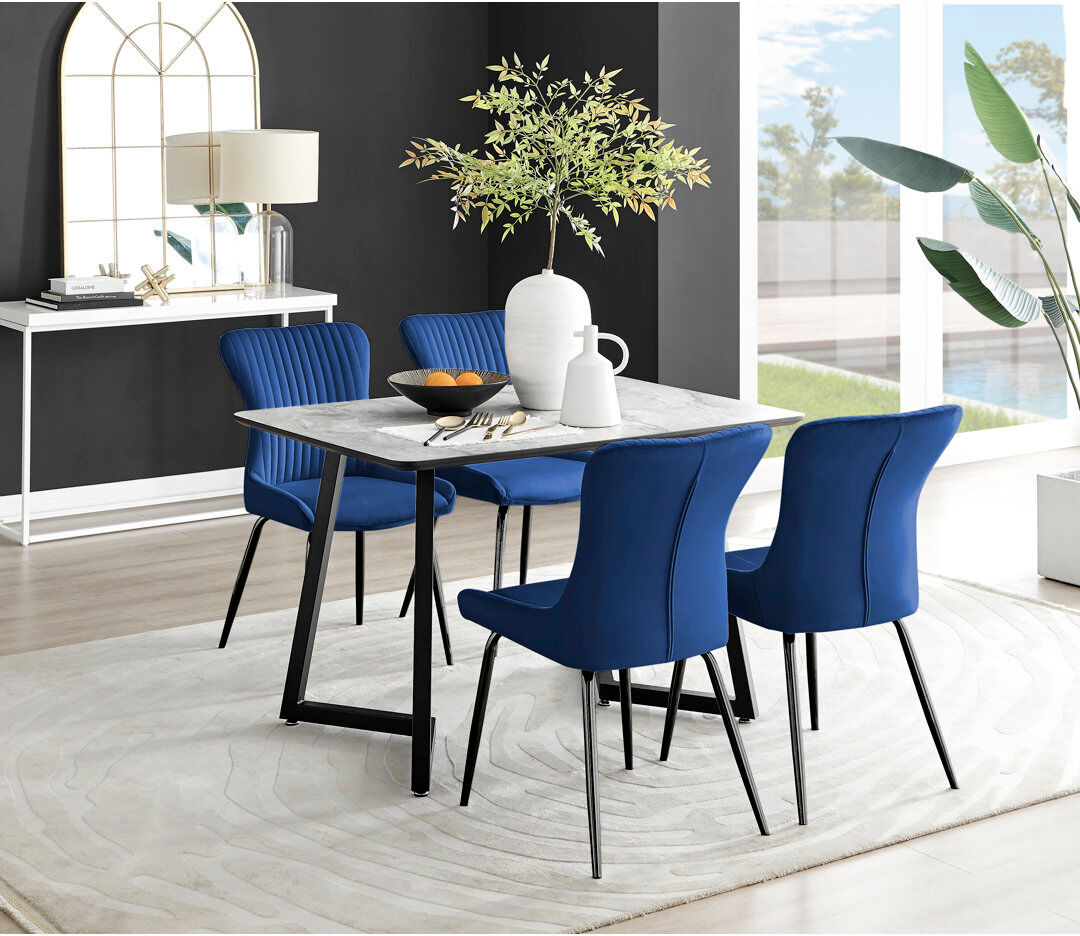 Canora Grey White & Grey Marble Effect Melamine Dining Table and Chairs - 4 Luxury Velvet Dining Chairs Blue/Black 4