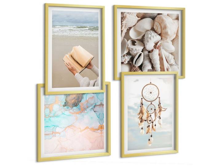BILDER SET 4er Set - 50x50 cm & 40x60 cm Goldrahmen - Boho-Buch mit Muscheln