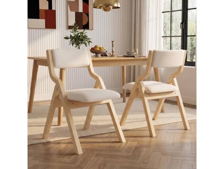 Merax 2er Set klappbare Esszimmerstühle aus Massivholz mit Leinenbezug, Beige