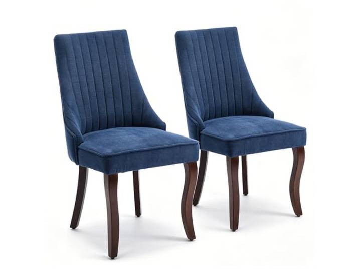 SEEDWAVE Esszimmerstühle 2er Set mit Chenille-Bezug, moderner Küchenstuhl mit geschwungenen Holzfüßen und verstellbaren Fußpads, für Esszimmer, Küche und Schlafzimmer (Blau)