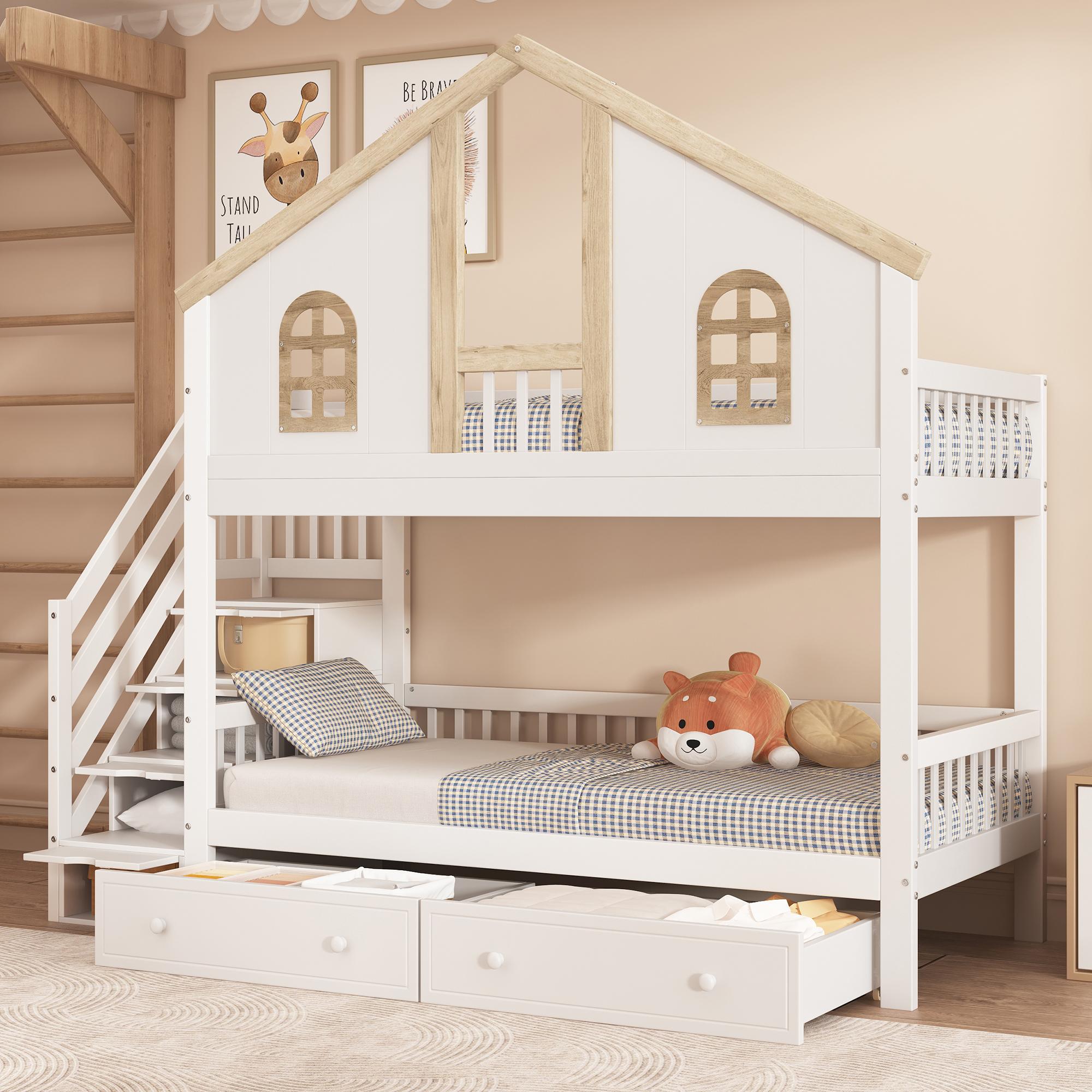 Merax Etagenbett 90x200 cm im Hausstil mit Treppe, Kinderbett Stockbett mit 2 Schubladen, Schutzumrandung und Fensterelementen, Weiß(ohne Matratze)