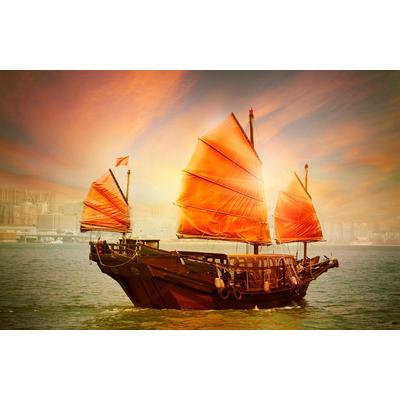 Fototapete PAPERMOON "DSCHUNKE-SEGEL SCHIFF CHINA MEER KÜSTE SONNE HONG KONG", bunt, B:3,5m L:2,6m, Vlies, Tapeten