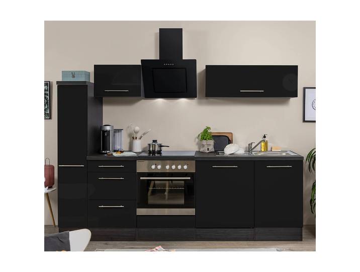 Cuisine Amanda II 250cm Noir/Noir brillant/Imitation chêne gris