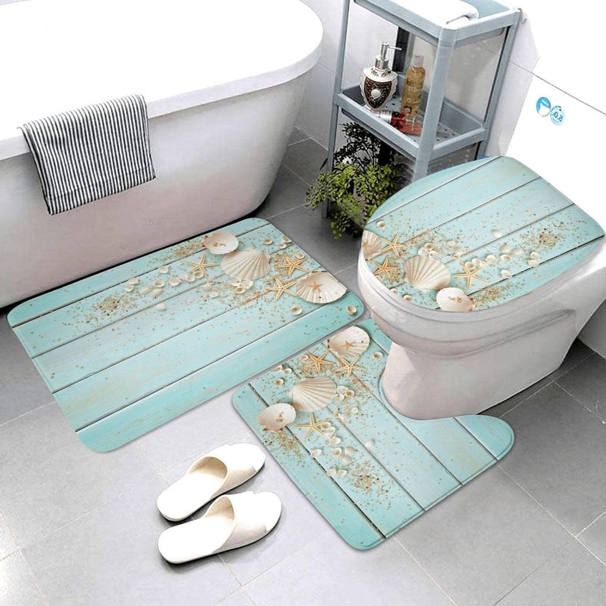 Zeekusten Badkamertapijt Set - 3 Delig Vloerkleed met Antislip Bodem