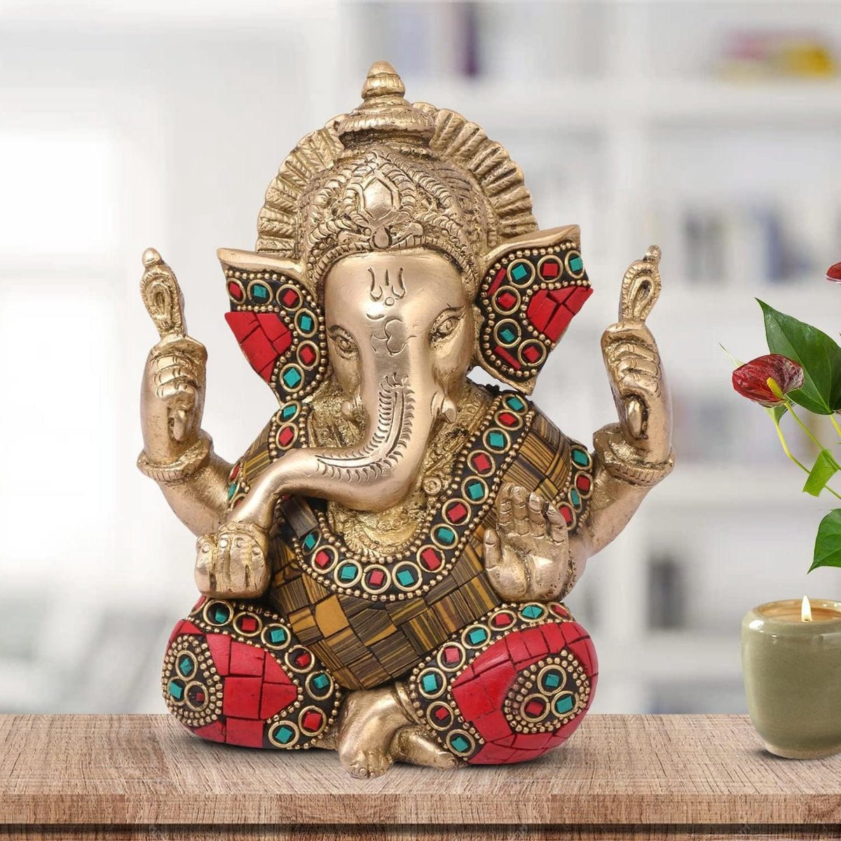 Ganesha Beeld - God Ganesh - Zittend Idool - Multicolor - Hoogte: 16 cm