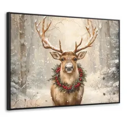 LEINWAND Bilder mit Rahmen - Weihnachten - Rentier - Winter - Kranz - 80x60