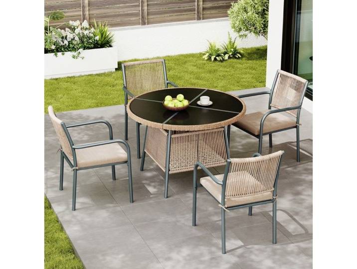 Ensemble repas table de jardin 4 personnes rond en verre trempé et fer gris avec coussins